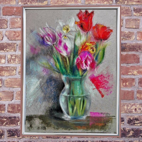 Original framed oil pastel wall art, Pink floral artwork, Floral bouquet painting original, Handpainted spring decor, Botanical wall art