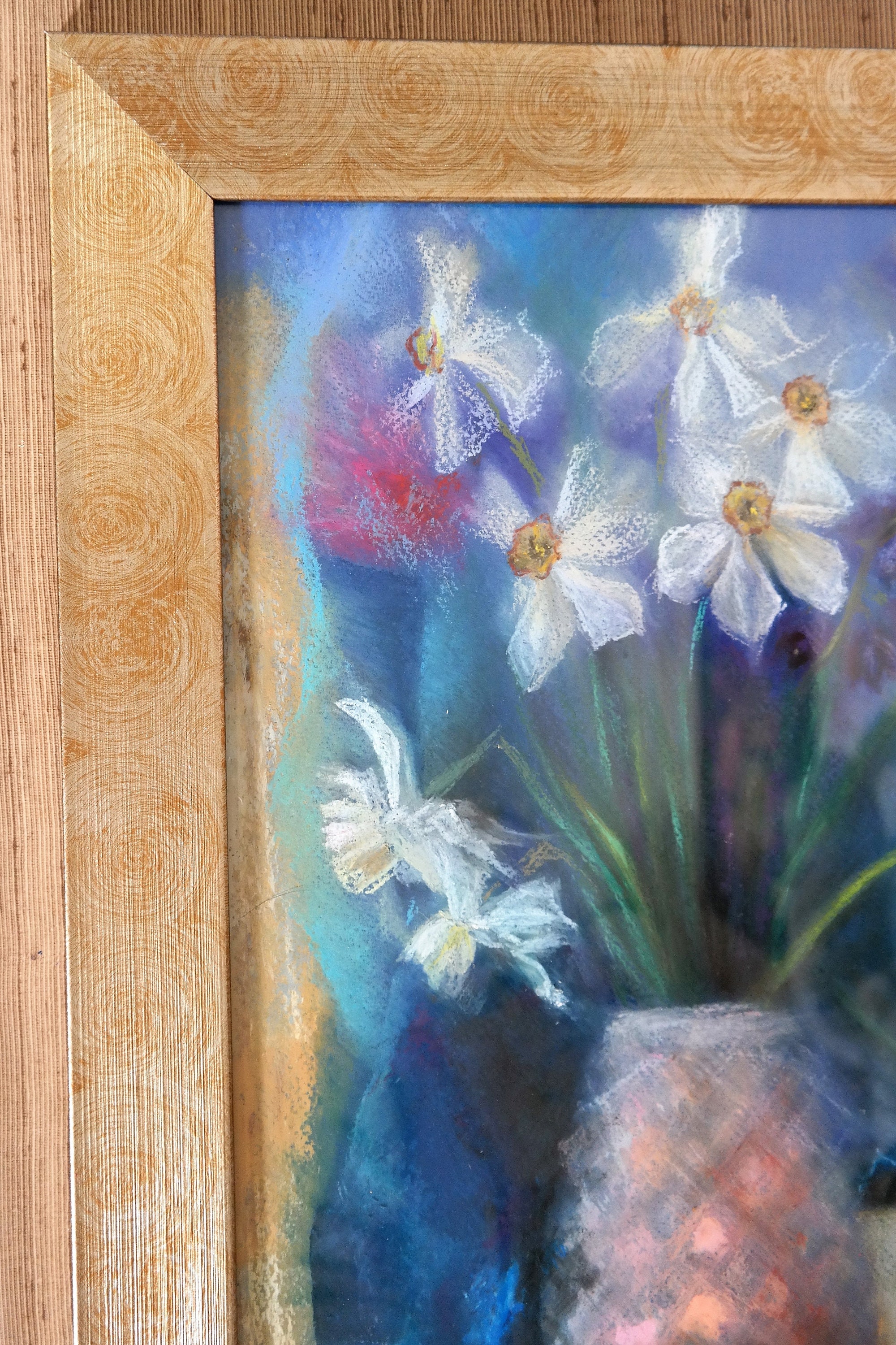 Original Framed Oil Pastel Wall Art Pink Floral Artwork Etsy