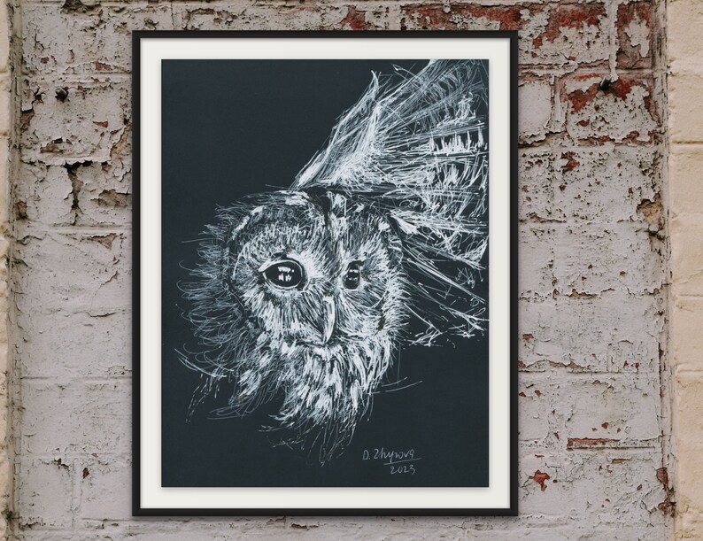 Original Owl Line Drawing Art, Owl Wall Art for Men, Sketch Art