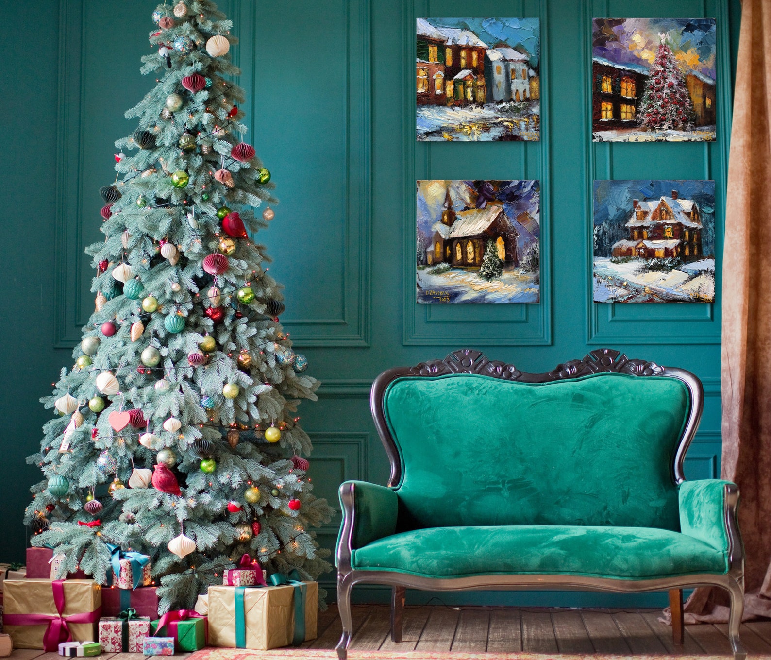 Original Small Oil Painting, Christmas Village Sets, Wall Art Set of 4