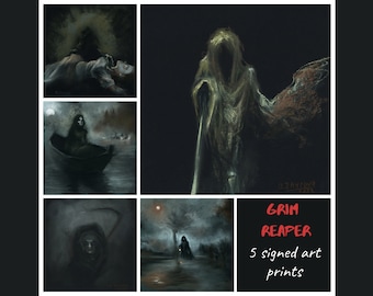 Set of 5 signed art prints, Grim Reaper Dark Gothic art, Creepy cute Halloween home decor