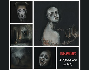 Set of 5 signed art prints, Demons Gothic home decor, Creepy cute drawing, Creepy cute Halloween decor