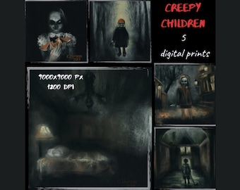 Digital download printable Creepy Children Dark Gothic art set: 5 original drawing prints, Commercial use license, Halloween digital print