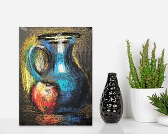 Still Life with Jar and Apple original oil pastel drawing