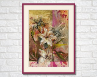 Original oil pastel floral wall art, Handpainted spring decor, Pastel abstract pink flowers artwork