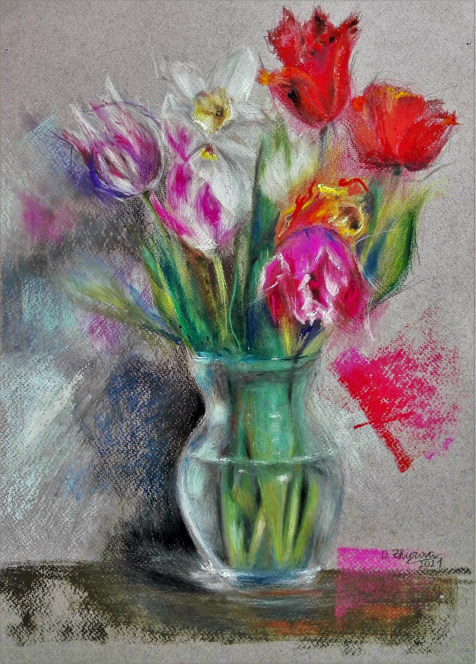 Original Framed Oil Pastel Wall Art Pink Floral Artwork Etsy