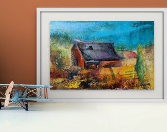 Original small acrylic painting, Landscape painting countryside, Farmhouse barn art wall decor, Minimalist wall art