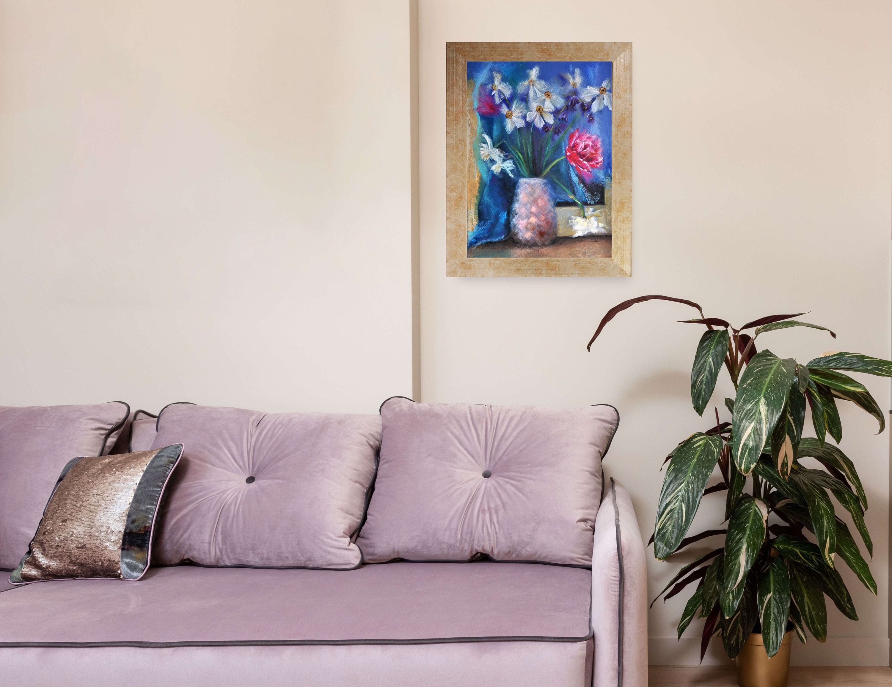 Original Framed Oil Pastel Wall Art Pink Floral Artwork Etsy