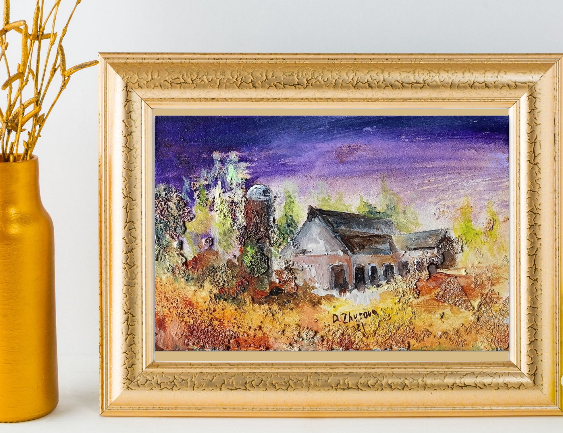 Original painting landscape countryside, Farmhouse barn art wall decor, Minimalist wall art, Small acrylic painting