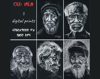 Digital download printable old man face drawing set, Old man sketch, Old person drawing ink pen line art, Black and white wall hangings