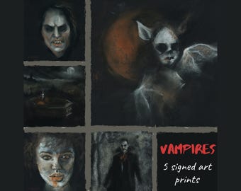 Set of 5 signed art prints, Vampires Dark Gothic art, Creepy cute Halloween home decor