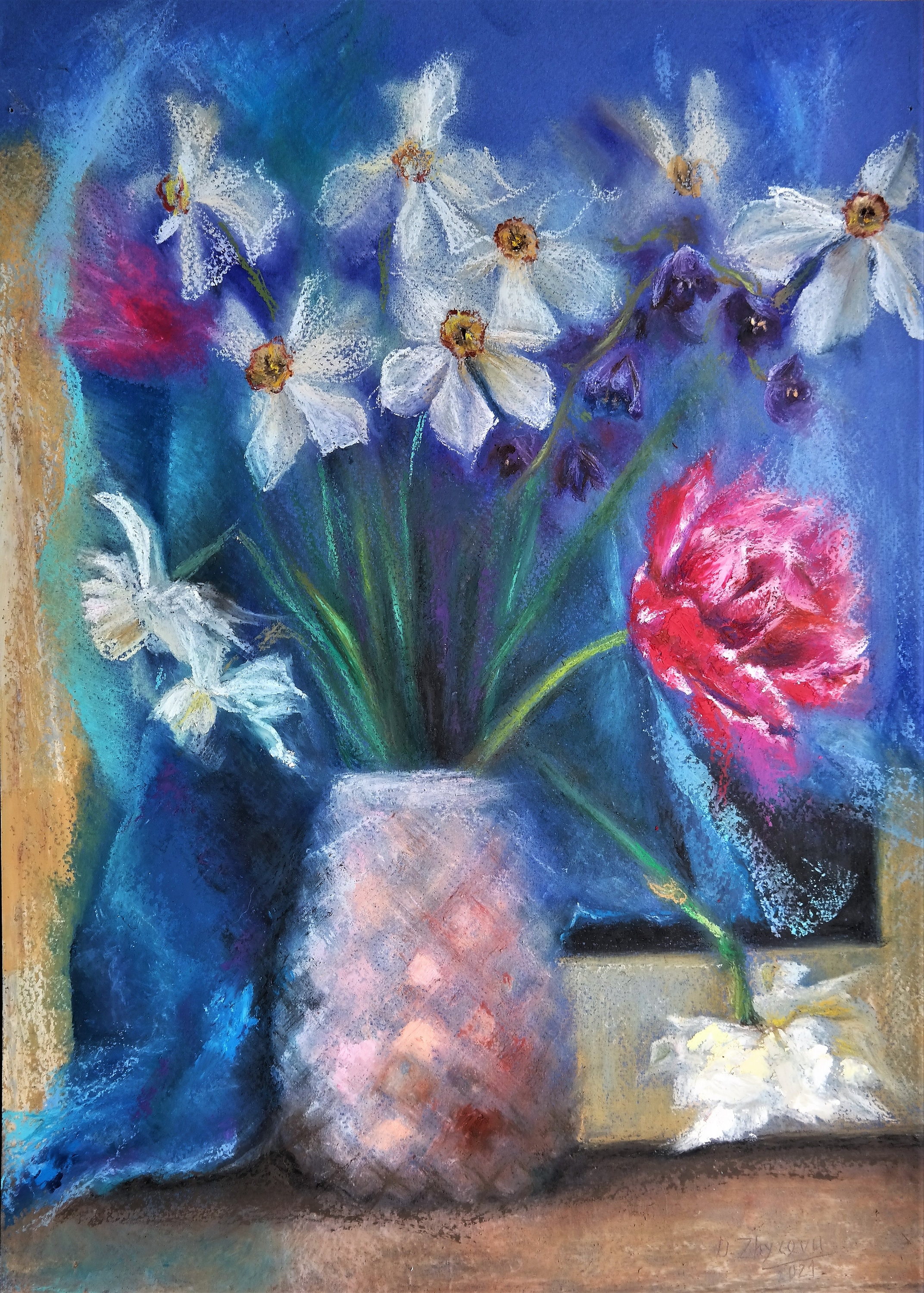 Original Framed Oil Pastel Wall Art Pink Floral Artwork Etsy