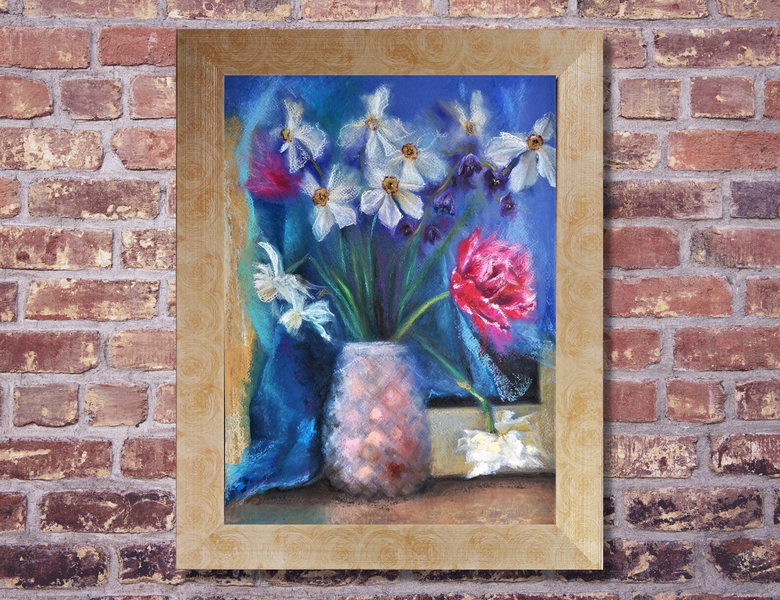 Original Framed Oil Pastel Wall Art Pink Floral Artwork Etsy