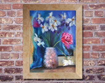 Original framed oil pastel wall art, Pink floral artwork, Floral bouquet painting original, Handpainted spring decor, Botanical wall art