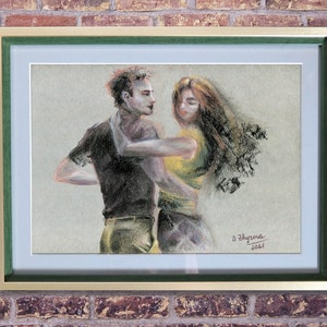 Original framed charcoal drawing,  Dancing couple art, Couple wall art gift