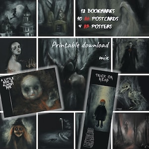 Ensemble d'art gothique sombre imprimable numérique : 12 signets, 10 cartes postales A6, 4 affiches A3, licence d'utilisation commerciale, impression téléchargement numérique Halloween
