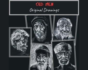 Original old man face drawing, Old man sketch, Old person drawing ink pen line art, Black and white wall hangings