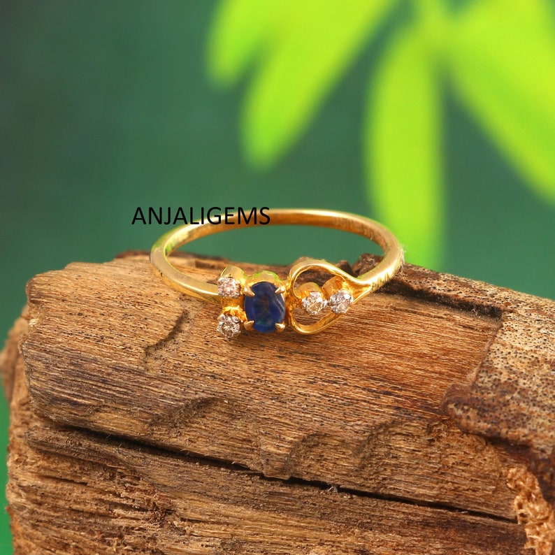 AAA Blue Sapphire Gemstone Diamond Ring. Nature Blue Sapphire Ring 14 Carat Hollmark Yellow Gold Blue Sapphire Double Cut Diamond Ring