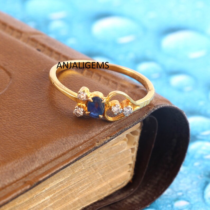 AAA Blue Sapphire Gemstone Diamond Ring. Nature Blue Sapphire Ring 14 Carat Hollmark Yellow Gold Blue Sapphire Double Cut Diamond Ring