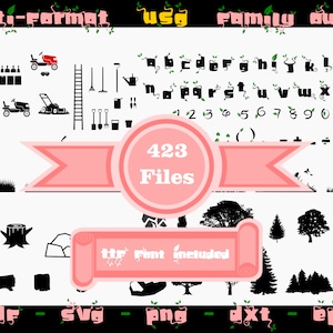 May include: A set of 423 black and white vector illustrations of lawn care equipment, trees, and a font with vines. The text "multi-Format usg Family owned" is at the top of the image. The text "ttf Font included" is in a scroll at the bottom of the image. The text "pdf - svg - png - dxt - eps" is at the bottom of the image.