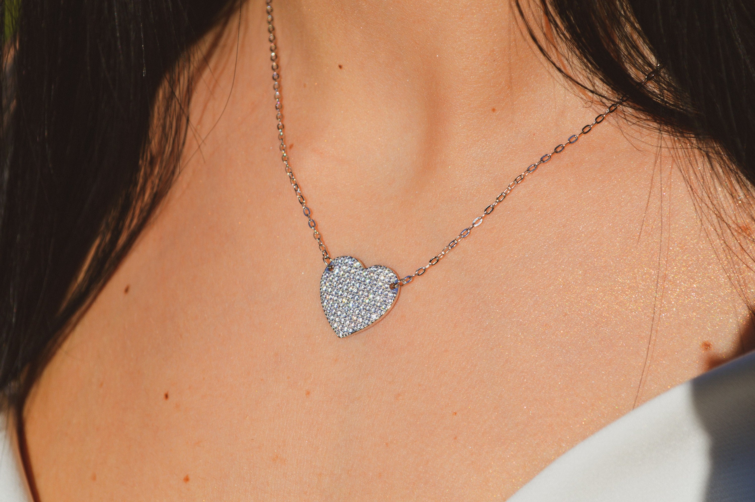 925 silver pavé heart necklace, women's necklace, white zirconia necklace.