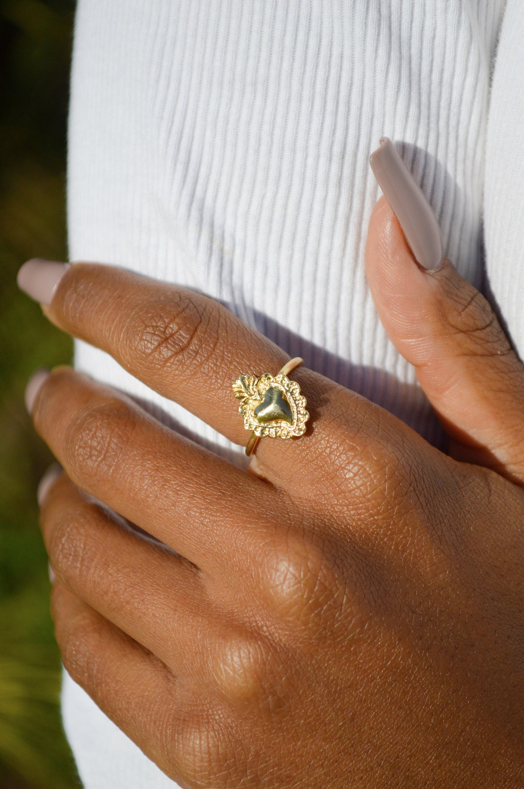 925 Silver Sacred Heart Ring Dipped in 18-karat Gold, Adjustable
