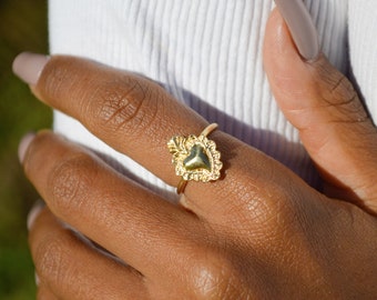 Bague cœur sacré en argent 925 trempée dans de l'or 18 carats, réglable, bague cœur, bague minimaliste, bague cœur sacré