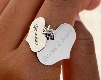 Ring with two hanging hearts in 925 silver plated in 18kt gold, adjustable rings, women's rings.