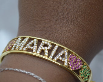Personalized name cuff bracelet in 925 silver and gold, colored zirconia, personalized bracelet, men's and women's bracelet.