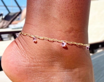 925 silver chain anklet plated in 18k gold with pink zirconia heart pendants, women's anklet, colorful beach anklet