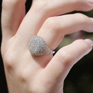 Round pavé chevalier ring in 925 silver with white zirconia, women's chevalier ring, pinky ring, shield ring.