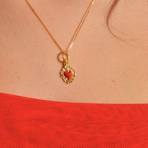Sacred heart pendant necklace in 925 silver dipped in 18K gold with red enamel, red heart pendant, minimal heart necklace