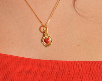 Sacred heart pendant necklace in 925 silver bathed in 18k red enamelled gold, red heart pendant, minimal heart necklace