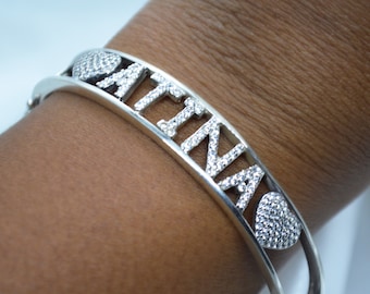 925 silver personalized name cuff bracelet, white zirconia, precious stones, name bracelet, personalized bracelet.
