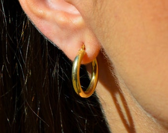 Boucles d'oreilles créoles tube lisse moyen en argent 925 plaqué or 18 carats, créoles, créoles unisexes, boucles d'oreilles simples