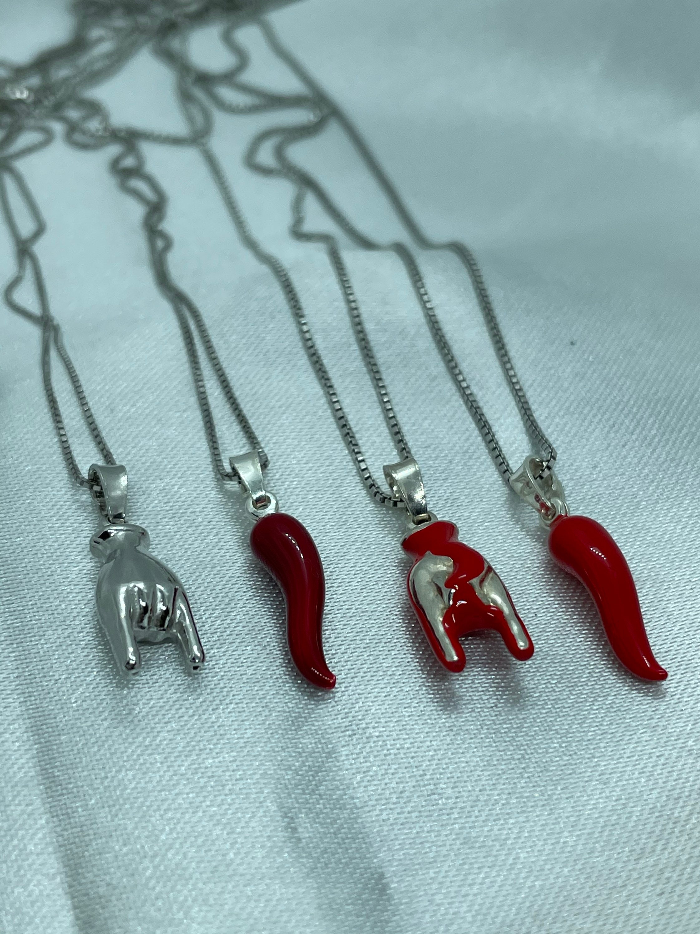Collier Main Avec Cornes En Argent 925 - Porte-bonheur Unisexe - Longueur 41-45 Cm - Cuba Gioielli