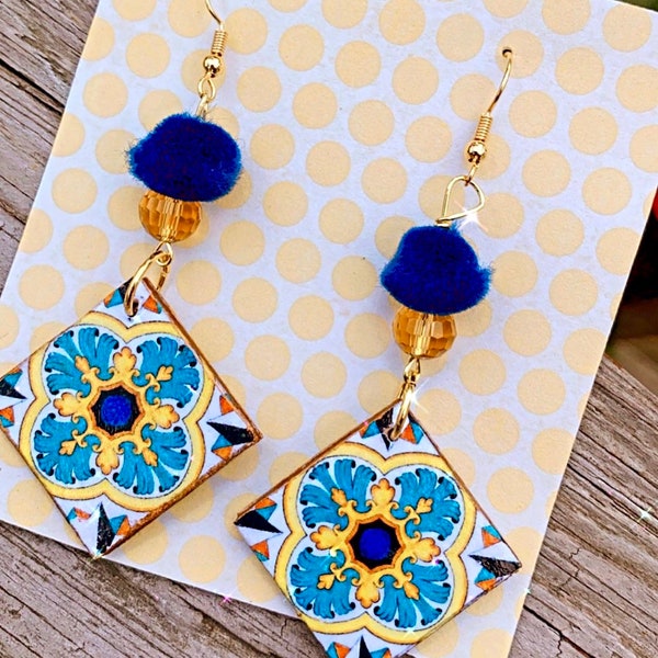 Majolica Wooden Tile Earrings