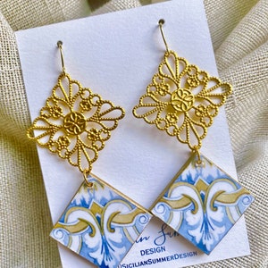 Wooden tile earrings with vintage brass filagree stampings