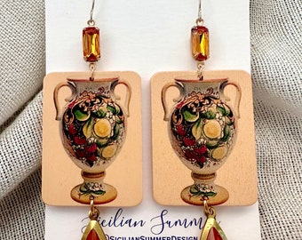 Wooden Sicilian vase earrings