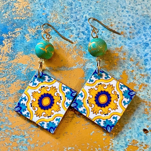 Majolica  wooden tile earrings