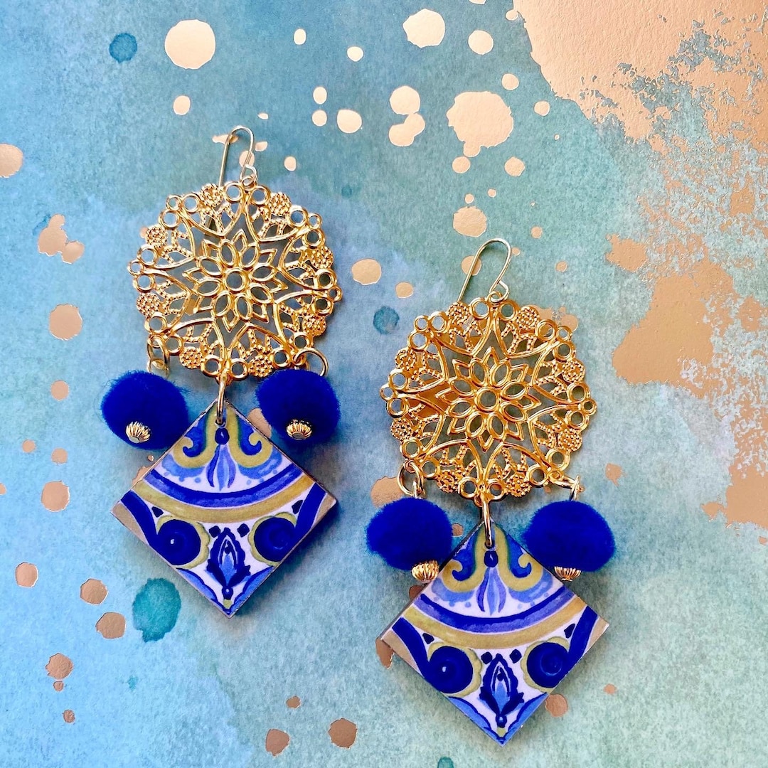 Majolica Wooden Tile Earrings With Filigree Stampings Etsy