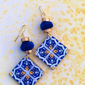 Majolica  wooden tile earrings