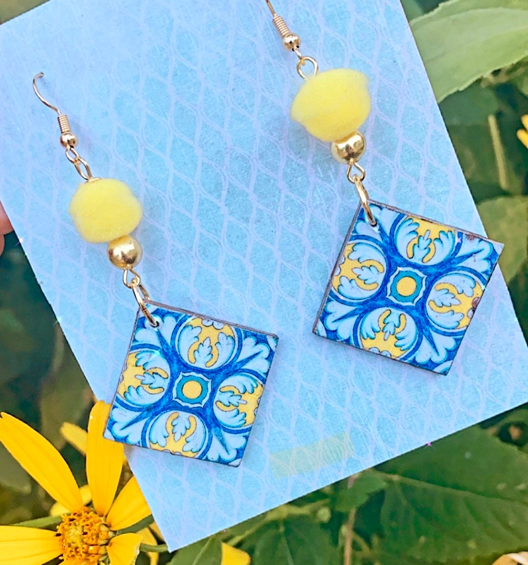Majolica Wooden Tile Earrings Etsy