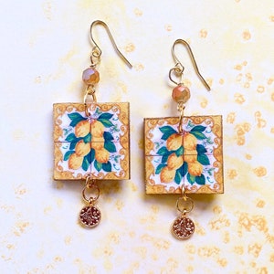 Lemon Majolica Wooden Tile earrings, azulejo