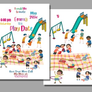 Picnic Playdate Invitation, Let’s Play, Summer Playdate Invitation, Picnic Party Playdate event for Kids. Play Date Invitation Cards