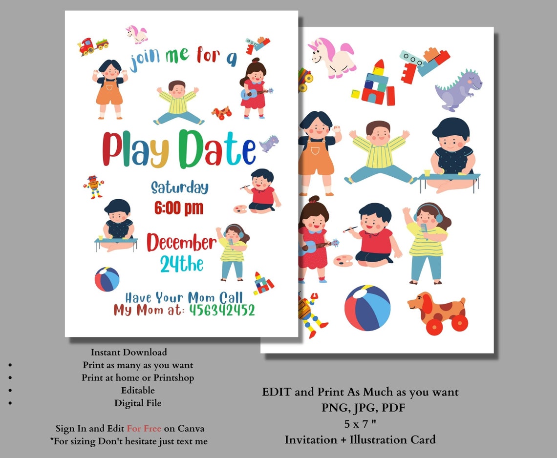 Playdate Invitation Template Editable Printable Playdate Card, Play Playdate Invitation Template Editable Printable Playdate Card, Play