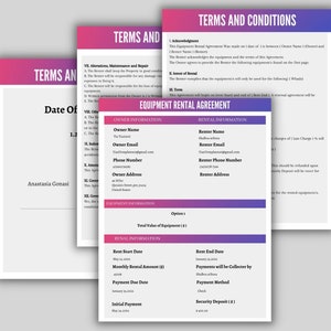 Equipment Rental Agreement Template, equipment rental agreement terms, and conditions, Editable Printable form, Easy editing in Canva