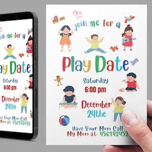 Modelo de convite para playdate Cartão de playdate editável para impressão, convite para data de jogo, impressão digital de cartões de playdate, cartões de playdate de jardim de infância