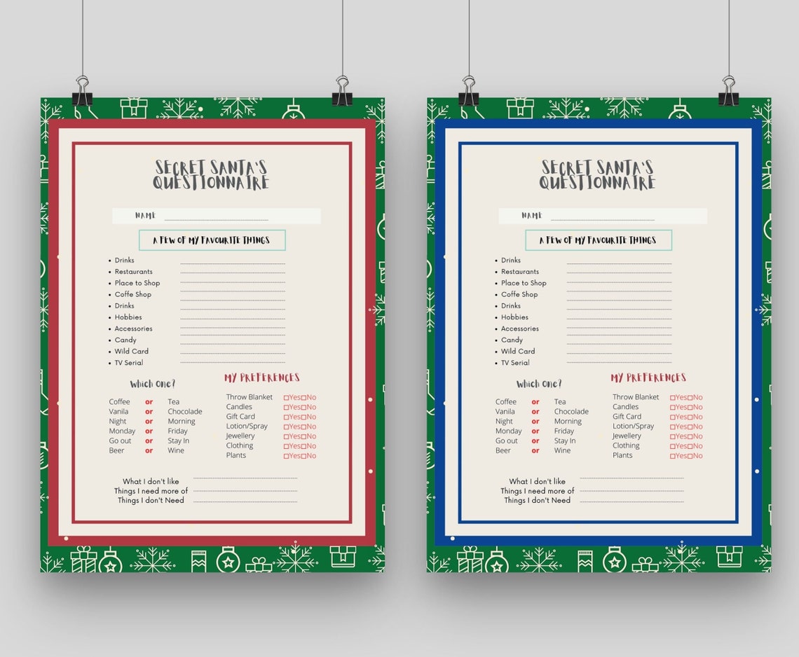 Secret Santa Questionnaire for Adults Gift Exchange Printable - Etsy