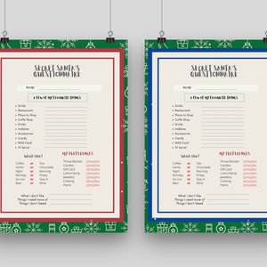 Secret Santa-Fragebogen für Erwachsene, Geschenkbörse druckbare PDF-Datei, Geschenkliste Ideen, Secret Santa Fragen, Secret Santa Printable List PDF